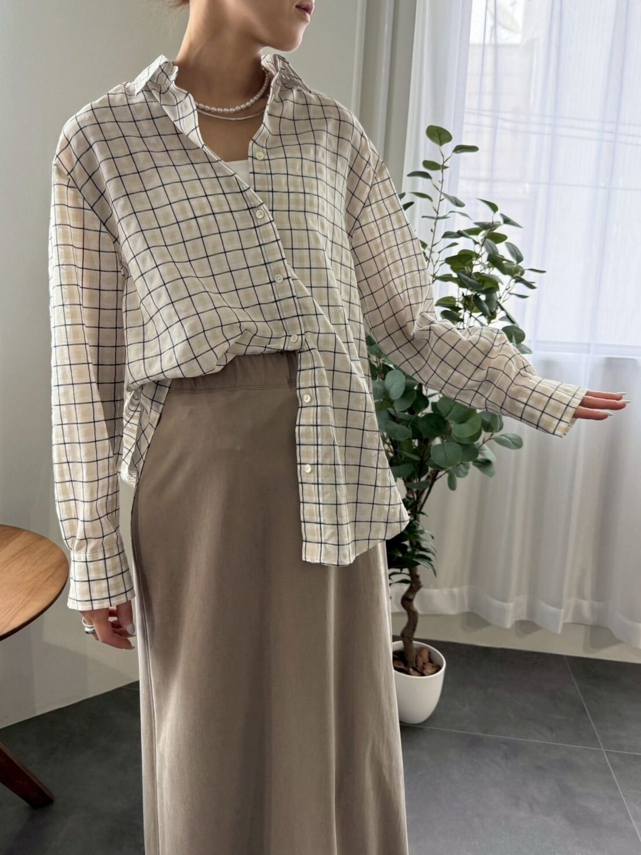 sheer check scarf shirt / シアーチェックスカーフシャツ / ネイビー