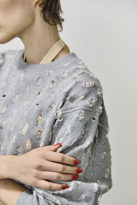 ripped-mesh cotton terry sweatshirt / メッシュ加工スウェット / ホワイト