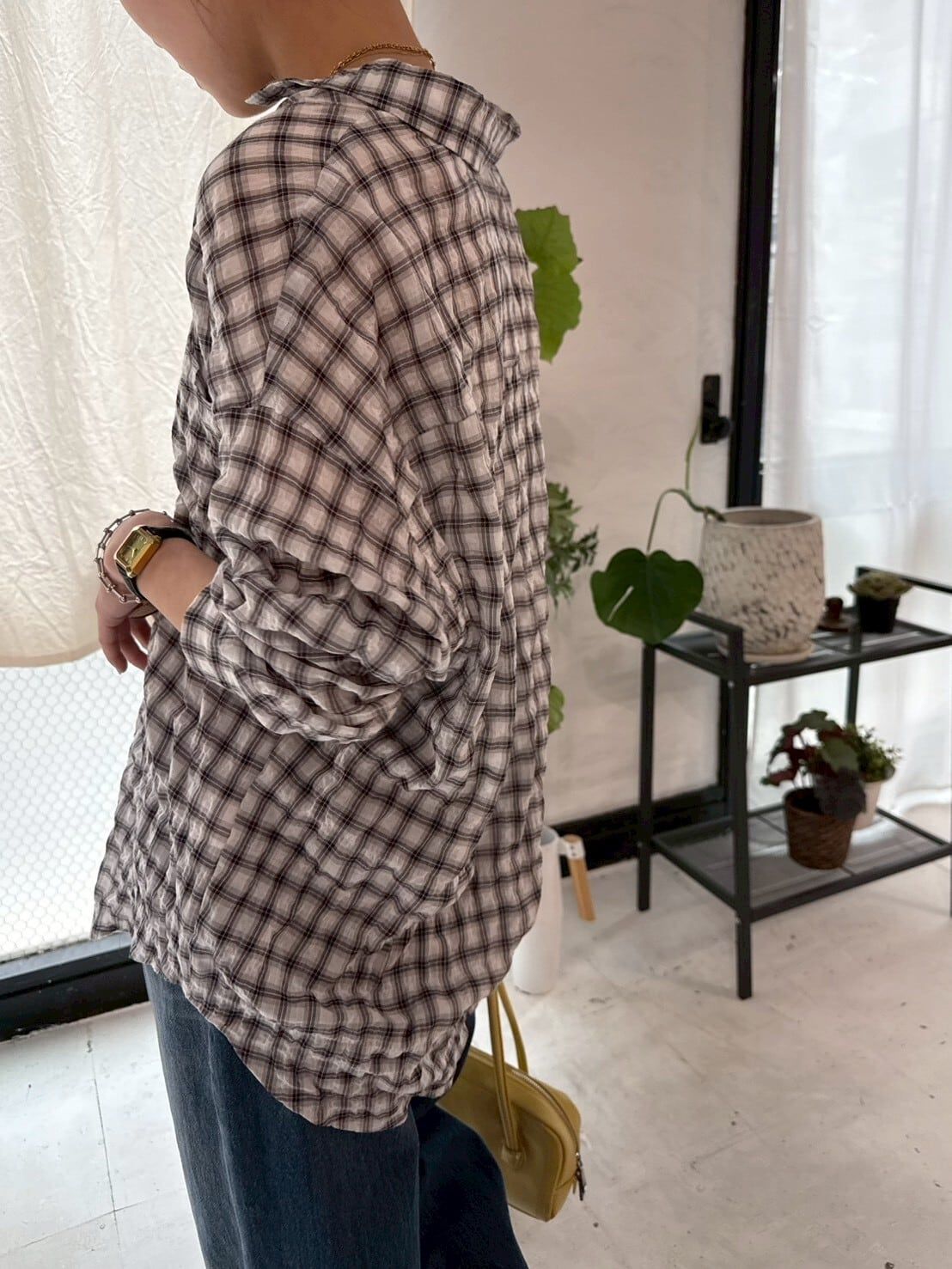 shirring check relax shirt / シャーリングチェックリラックスシャツ / チェックシャツ / ホワイト