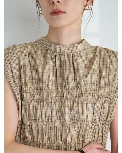 CHECKシャーリングフレンチBL / チェックシャーリングフレンチブラウス / ベージュ