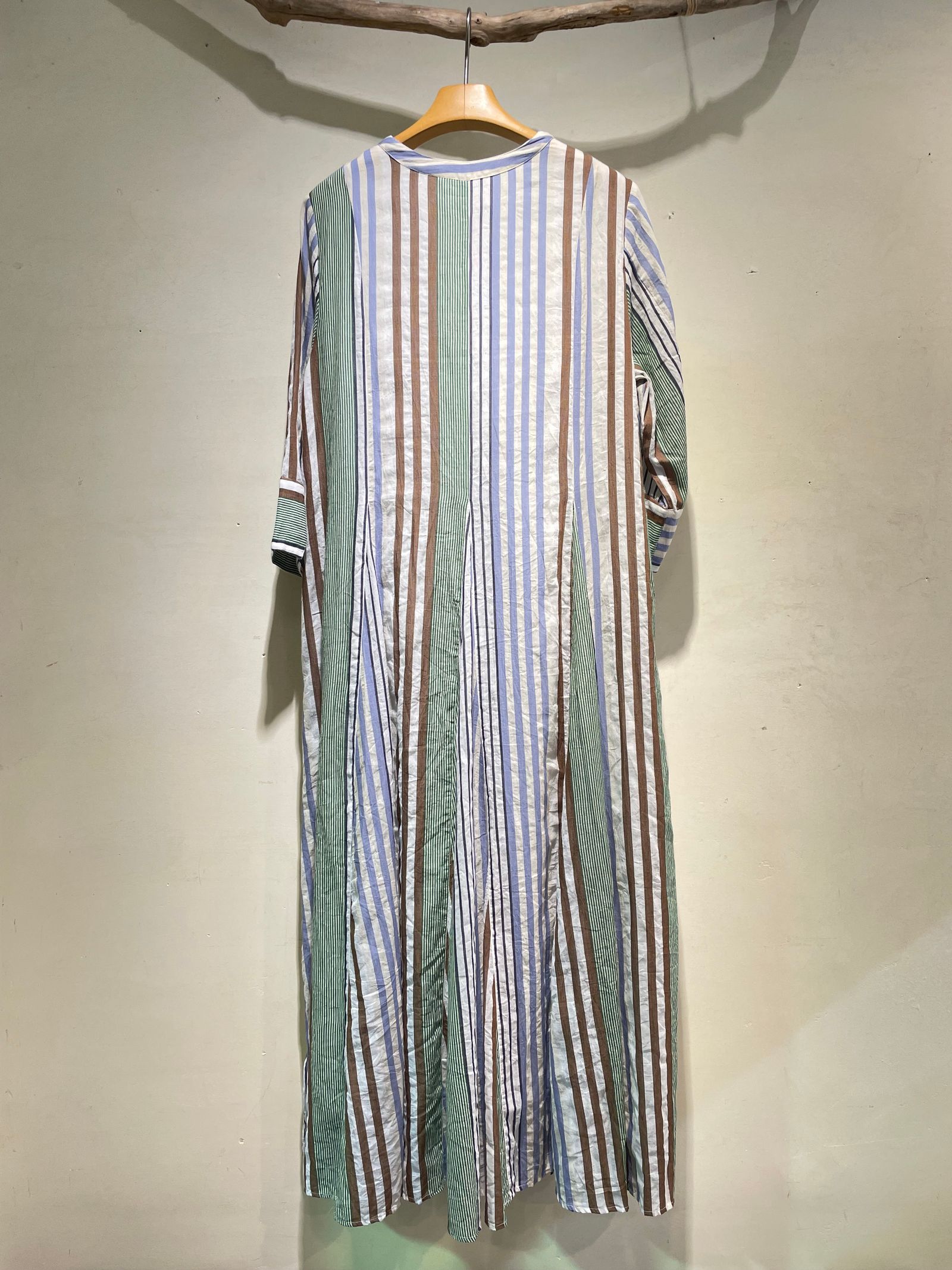 Cotton Voile Stripe Panel Dress / Vネックワンピース / ストライプ / グリーン