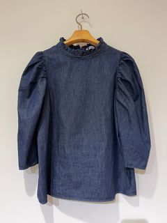 DENIM SHIRRING BLOUSE / パフスリーブデニムシャツブラウス / ブルー