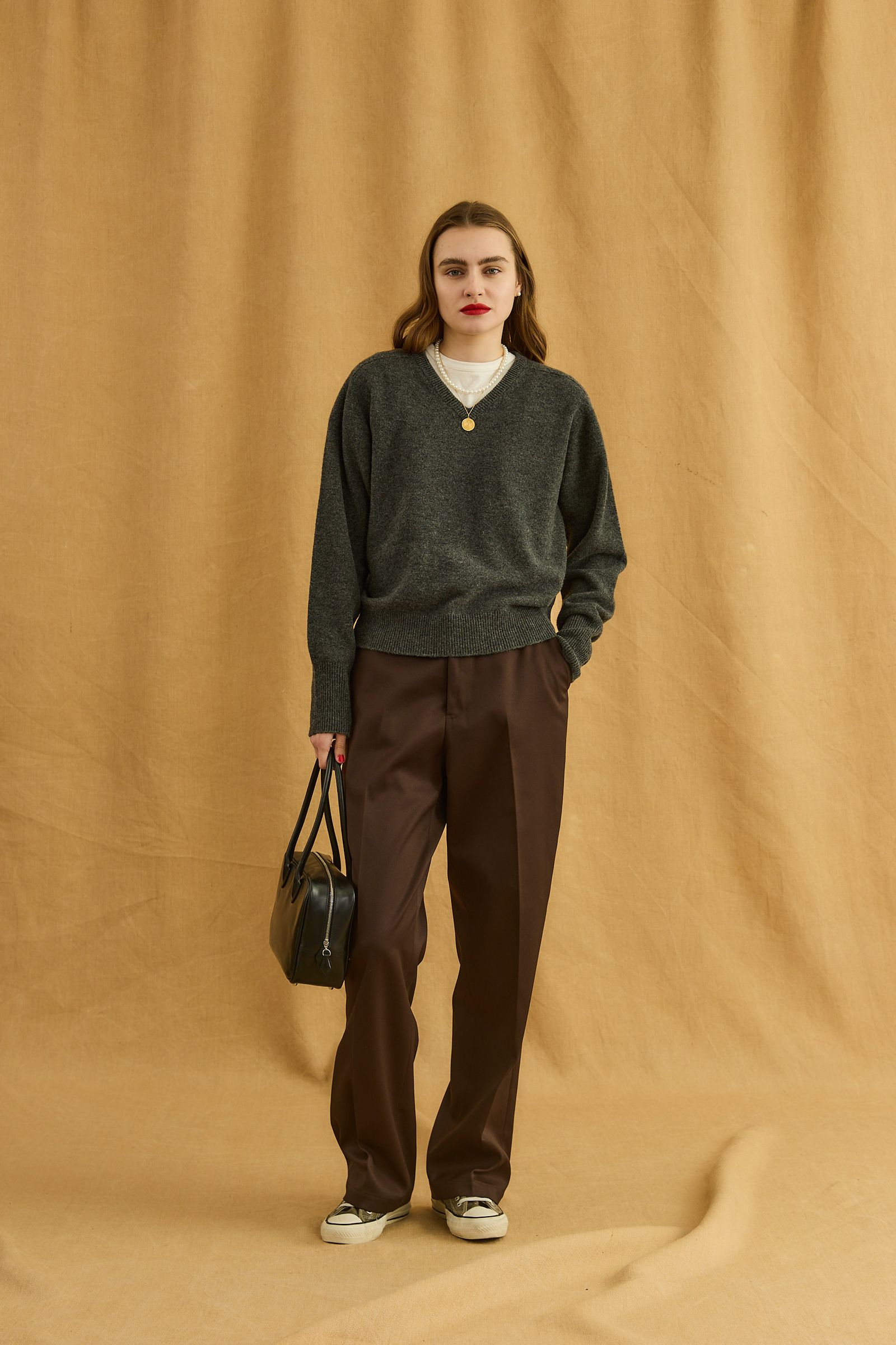 FILL V NECK KNIT / ハイゲージニット / グレー