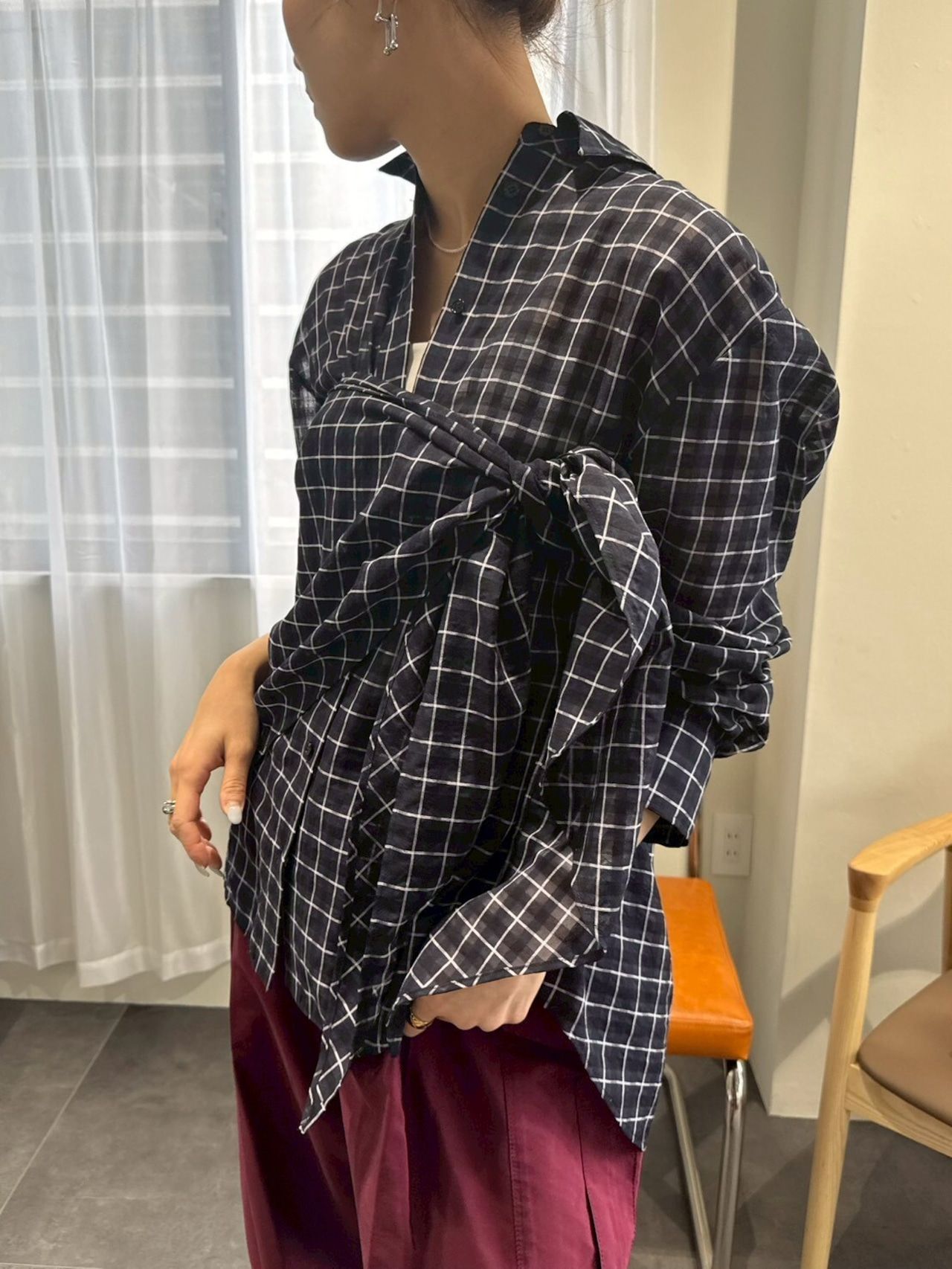sheer check scarf shirt / シアーチェックスカーフシャツ / アイボリー