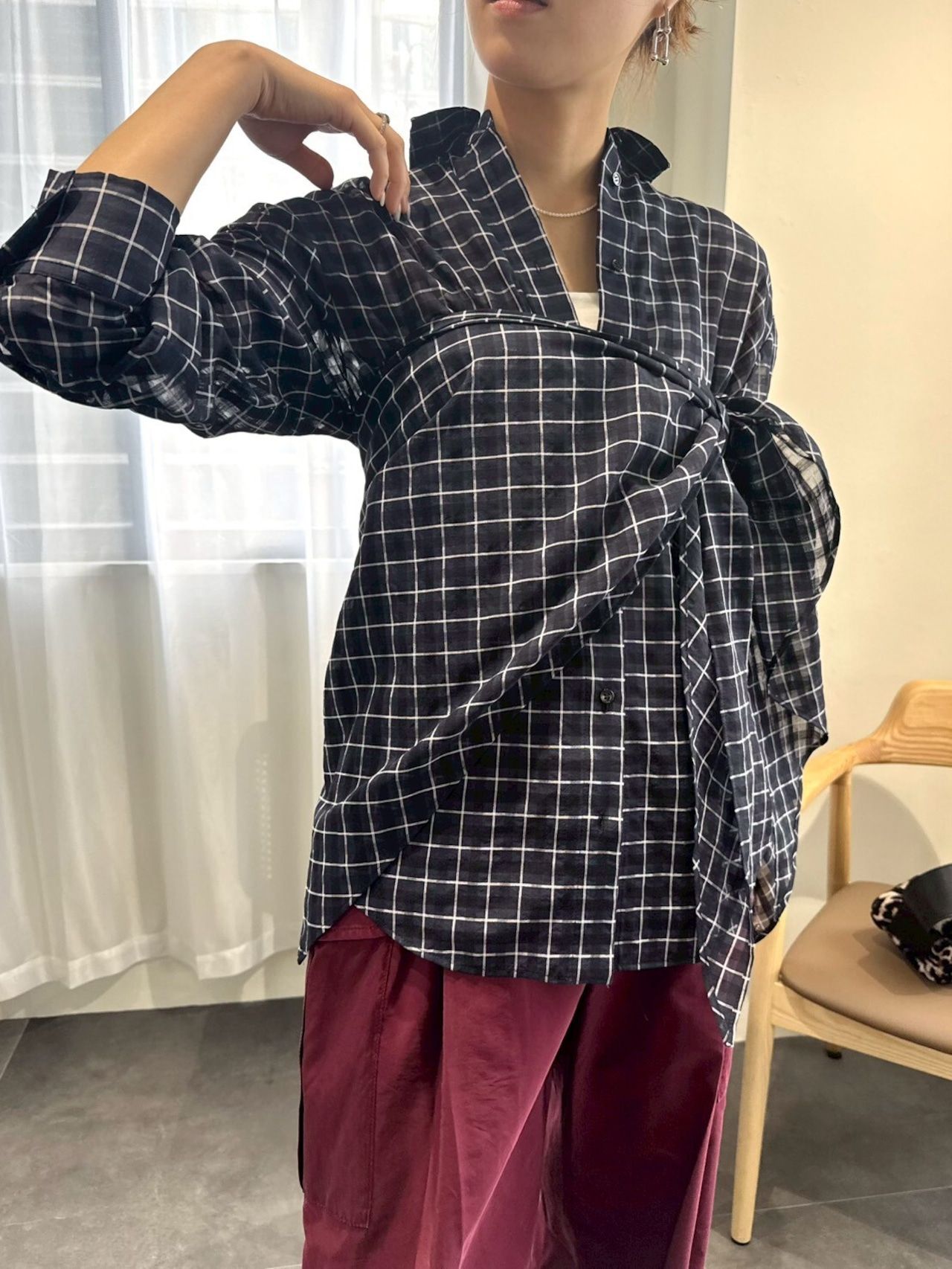 sheer check scarf shirt / シアーチェックスカーフシャツ / ネイビー