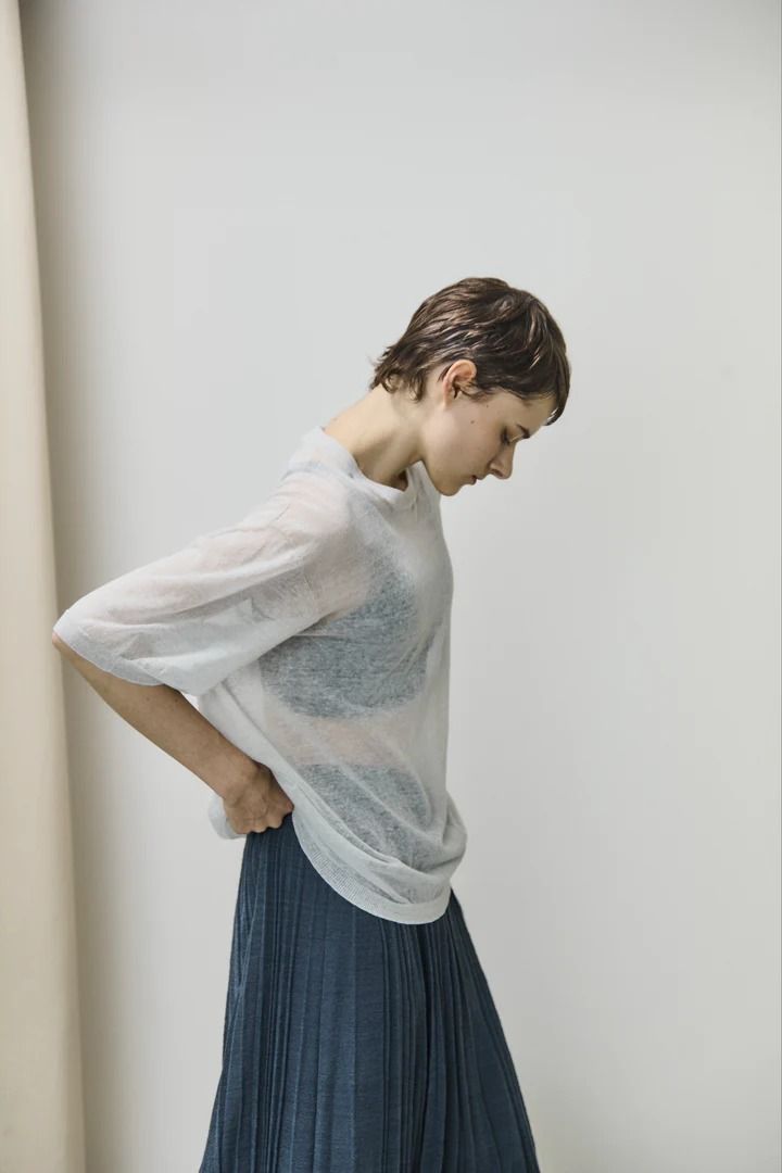 high-count linen oversized knit-Tee / シアーニット / グレー