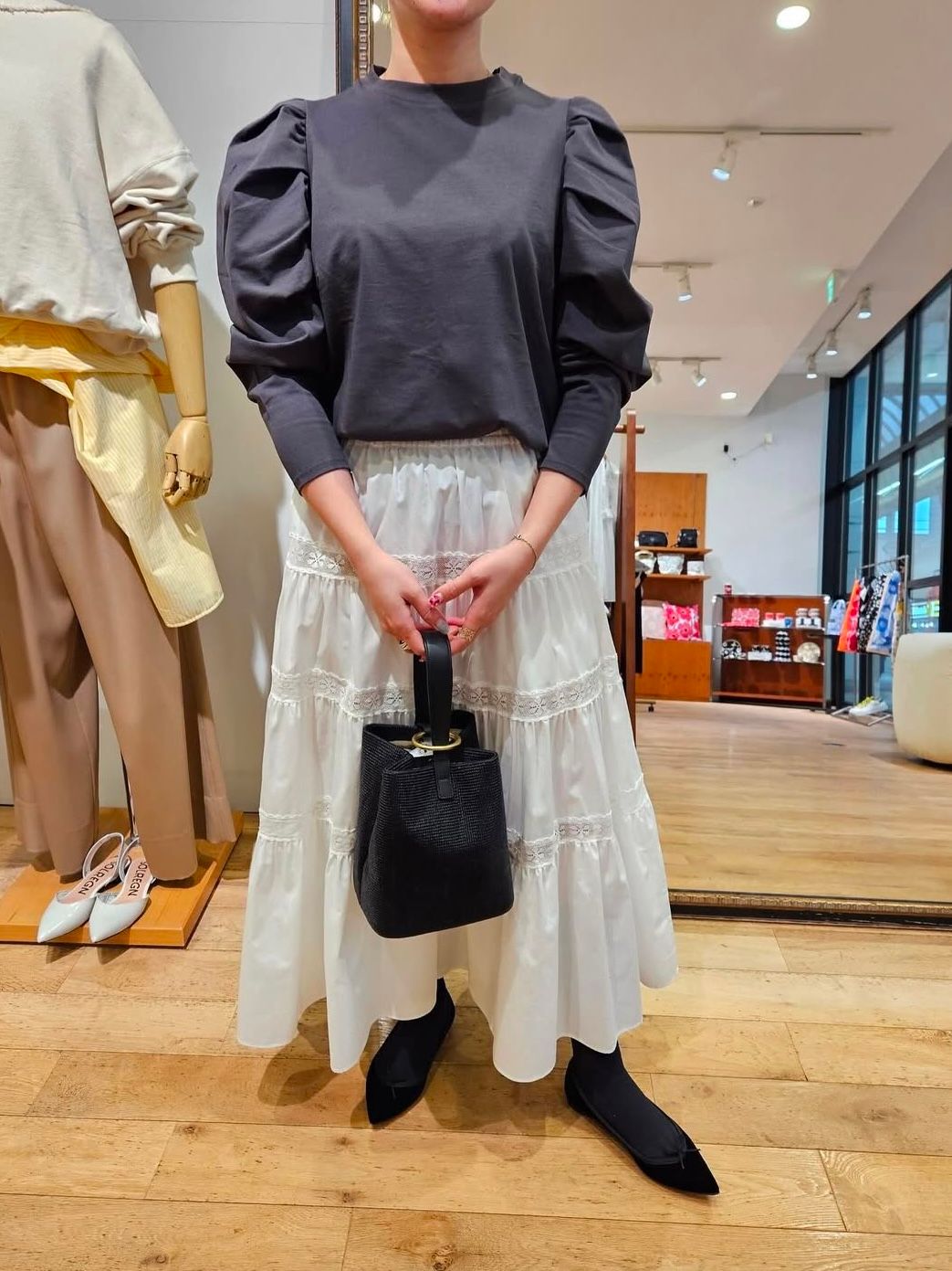 【ラスト1点】SHIRRING JERSEY BLOUSE / パフスリーブカットソー / ロンT / チャコールグレー