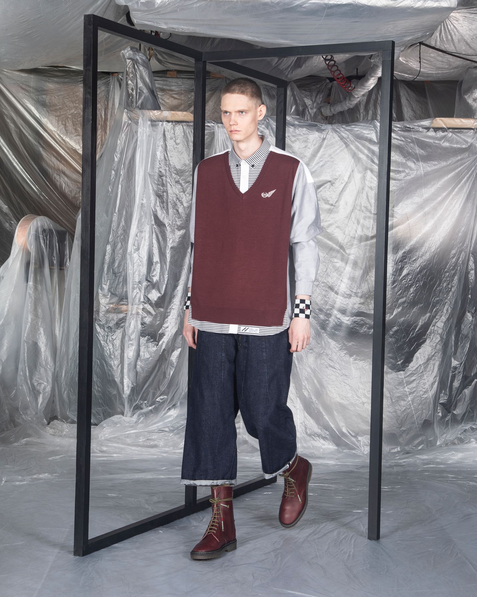 「予約商品」PASTED V-NECK BUTTONDOWN OVERSIZED SHIRTS / col: BURGUNDY