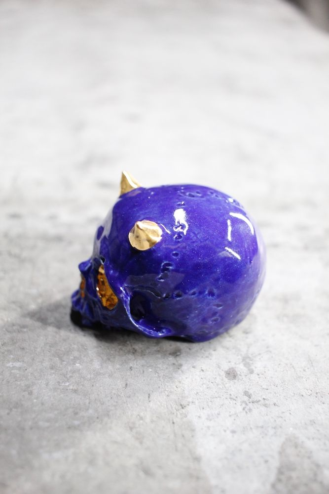 鬼髑髏ぐい呑 濃青×金  (桐箱付)