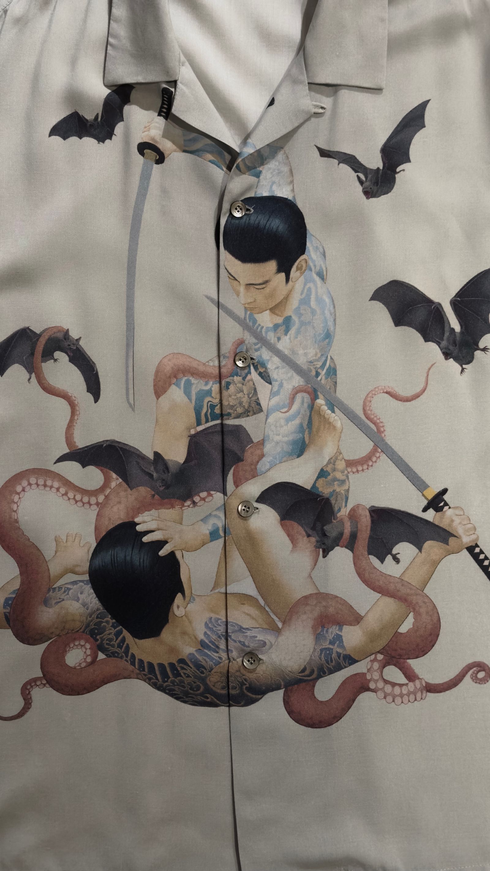 × 天明屋尚「思念遊戯」OPEN COLLAR SHIRT / 半袖シャツ (BLACK,LIGHT GRAY)