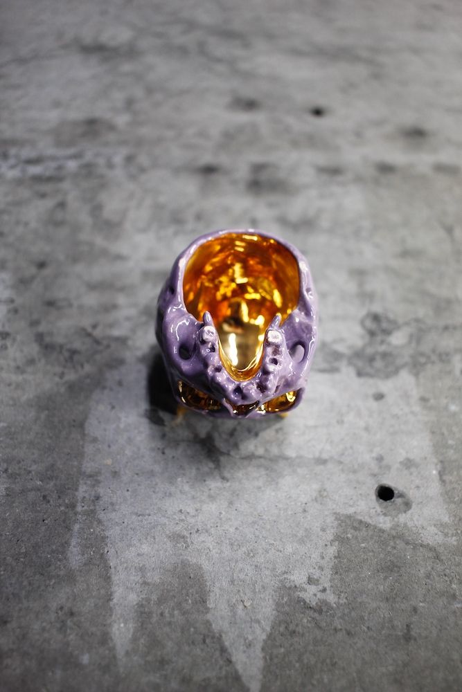 鬼髑髏ぐい呑 藤色×金   (桐箱付)