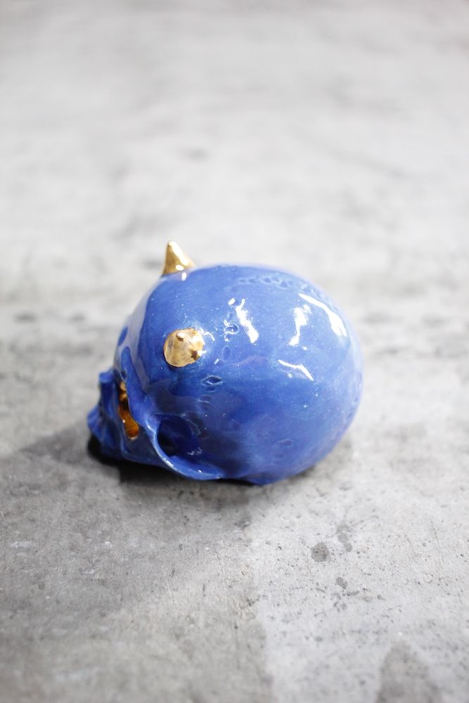 鬼髑髏ぐい呑 青×金  (桐箱付)