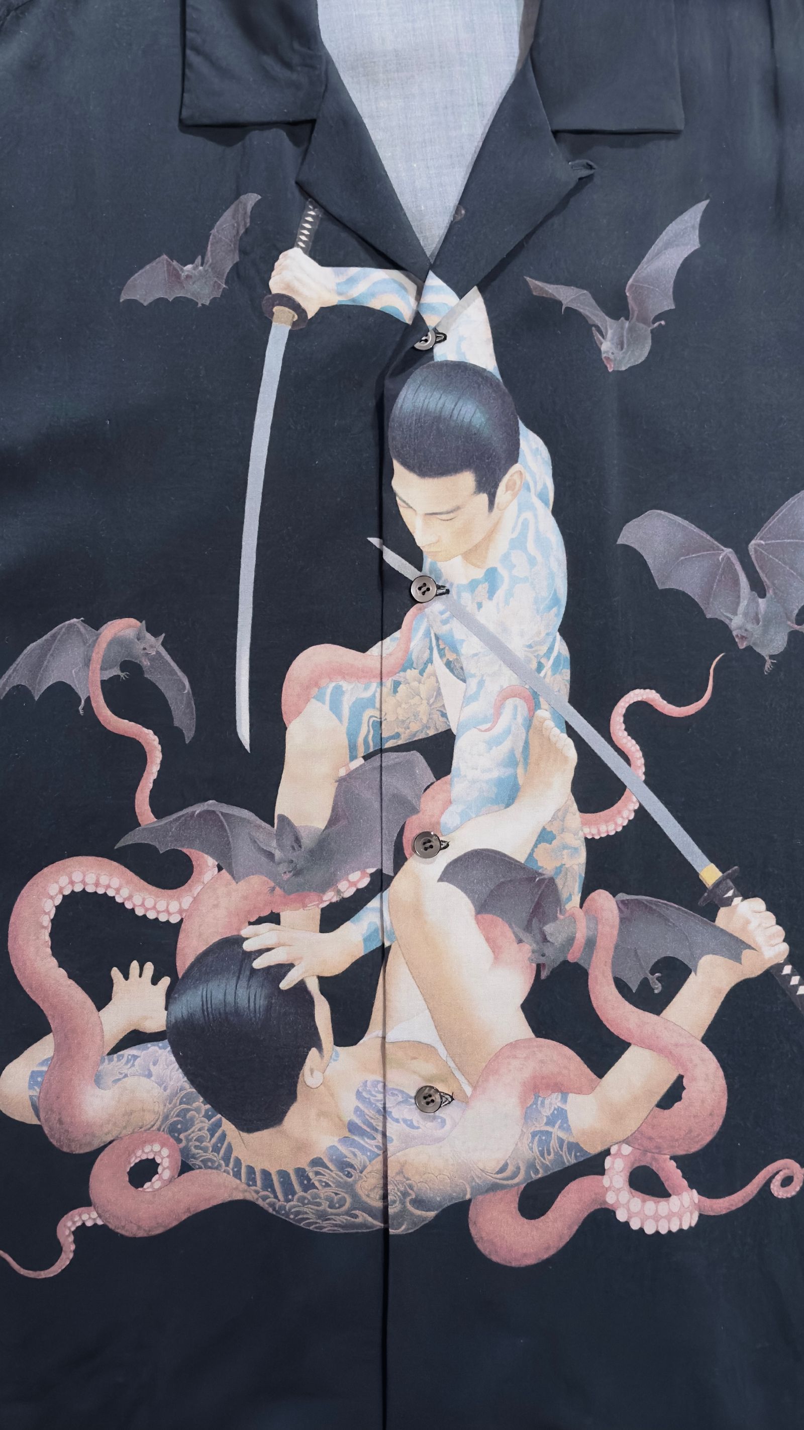 × 天明屋尚「思念遊戯」OPEN COLLAR SHIRT / 半袖シャツ (BLACK,LIGHT GRAY)
