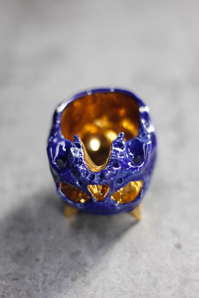 鬼髑髏ぐい呑 青×金   (桐箱付)