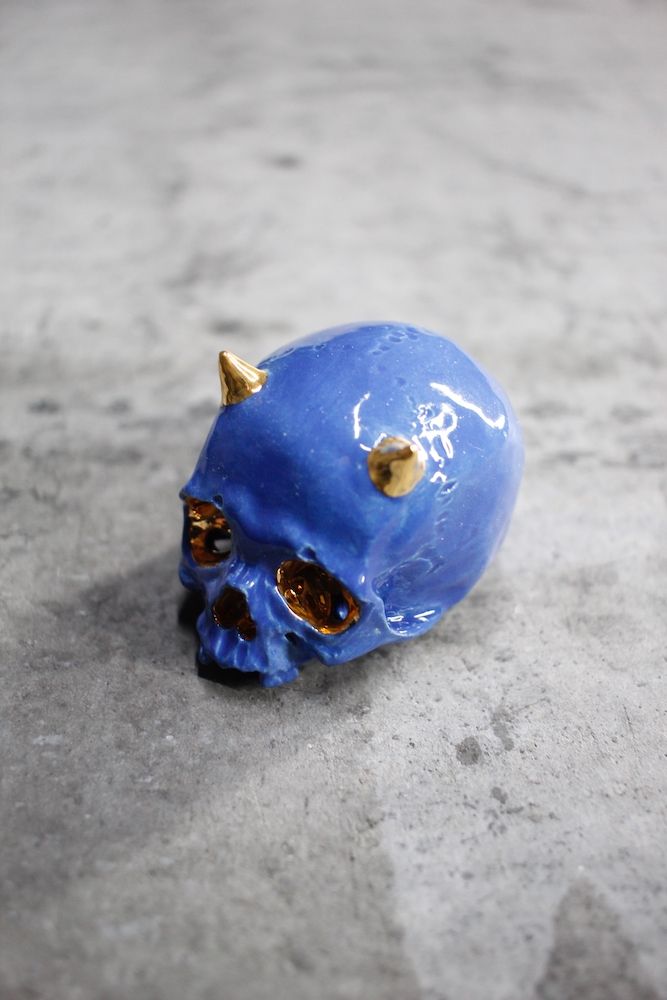 鬼髑髏ぐい呑 青×金  (桐箱付)