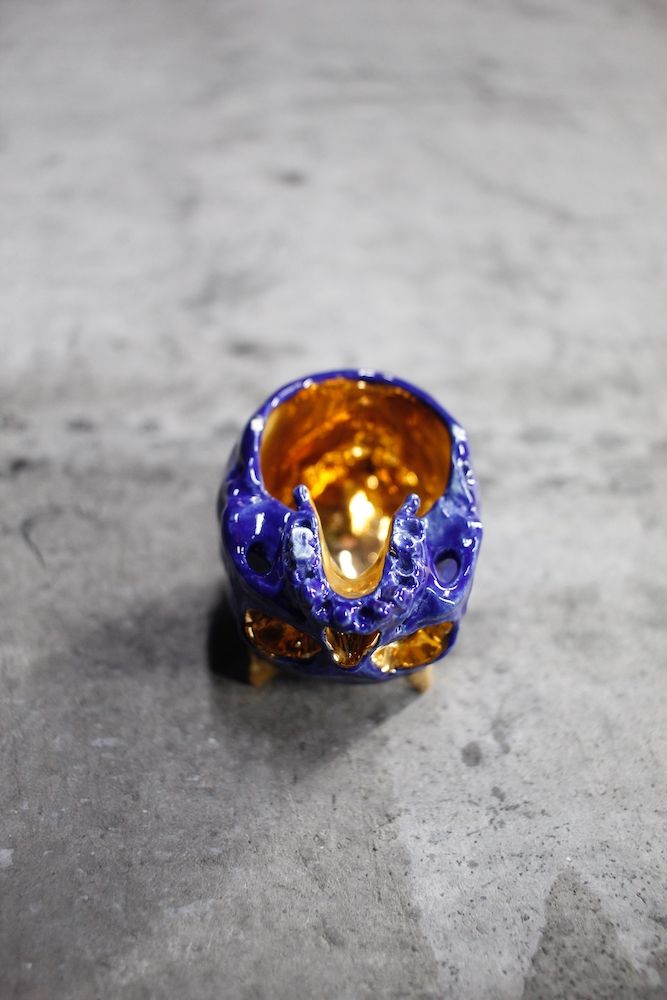鬼髑髏ぐい呑 濃青×金  (桐箱付)