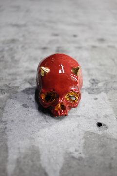 鬼髑髏ぐい呑 深紅×金   (桐箱付)