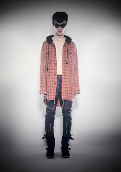 PLAID DOCKING HOOD SHIRT / ロングシャツ (BLACK, ORANGE)