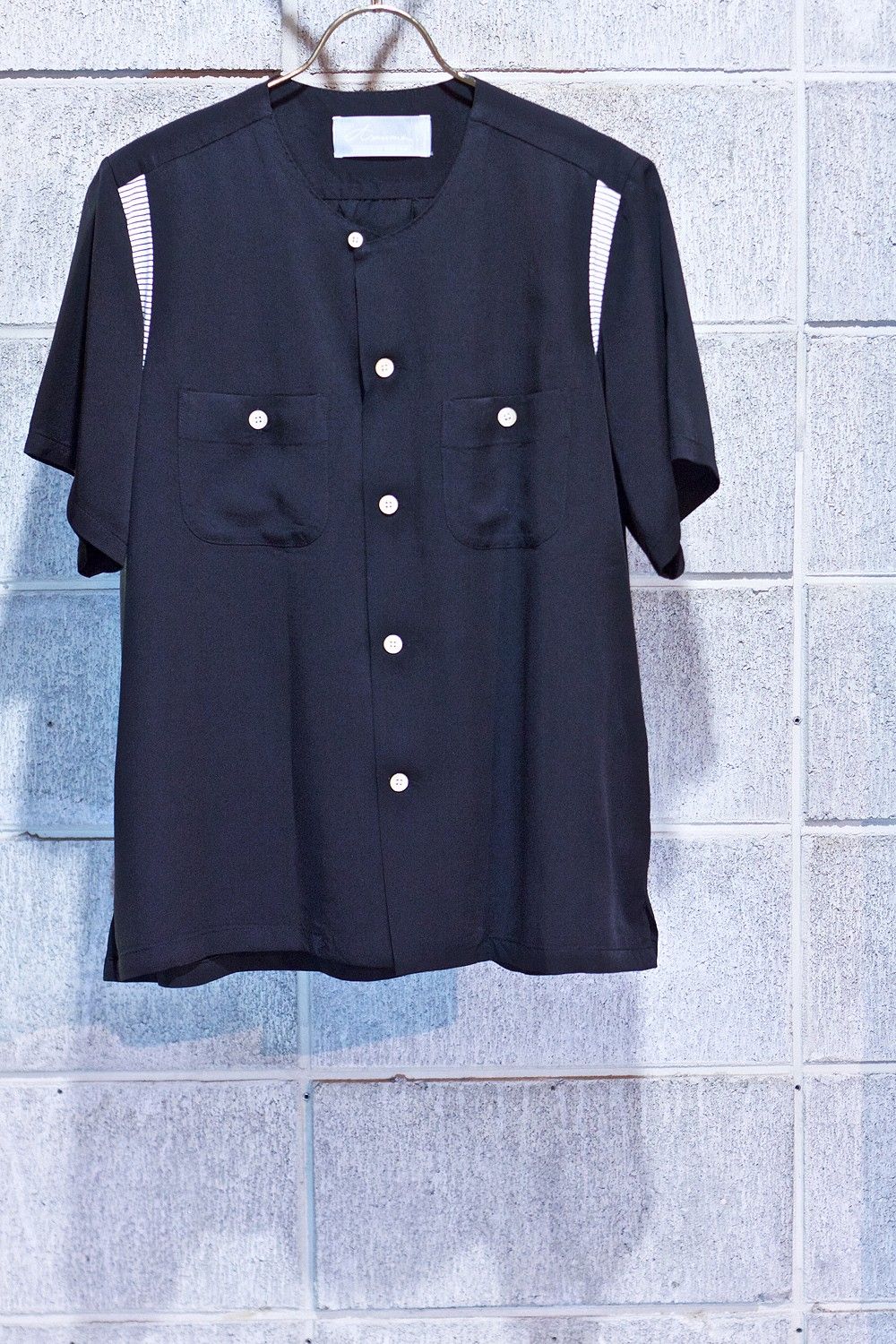 Round collar bowling shirt BLK×WHT