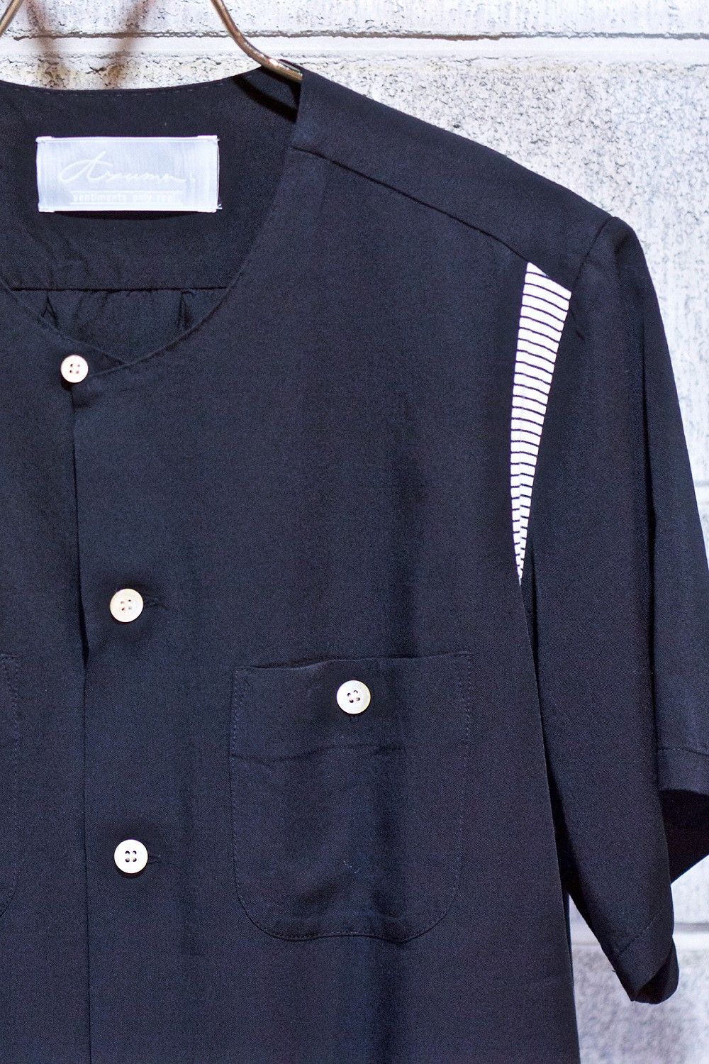 Round collar bowling shirt BLK×WHT