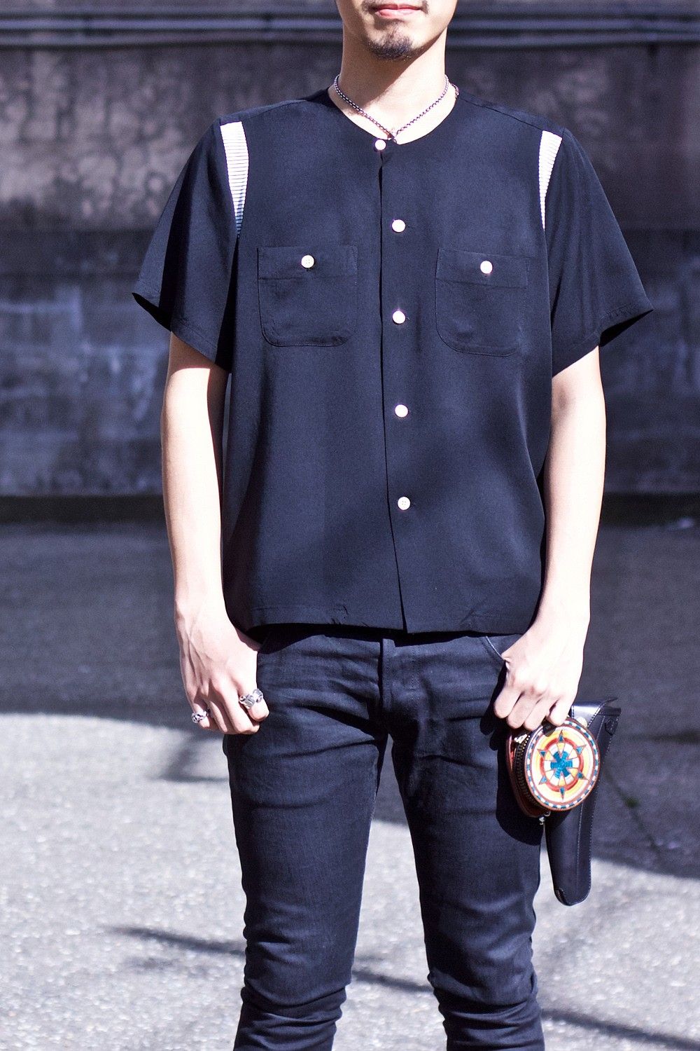 Round collar bowling shirt BLK×WHT