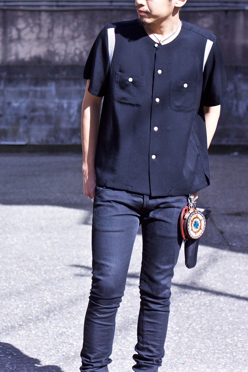 Round collar bowling shirt BLK×WHT