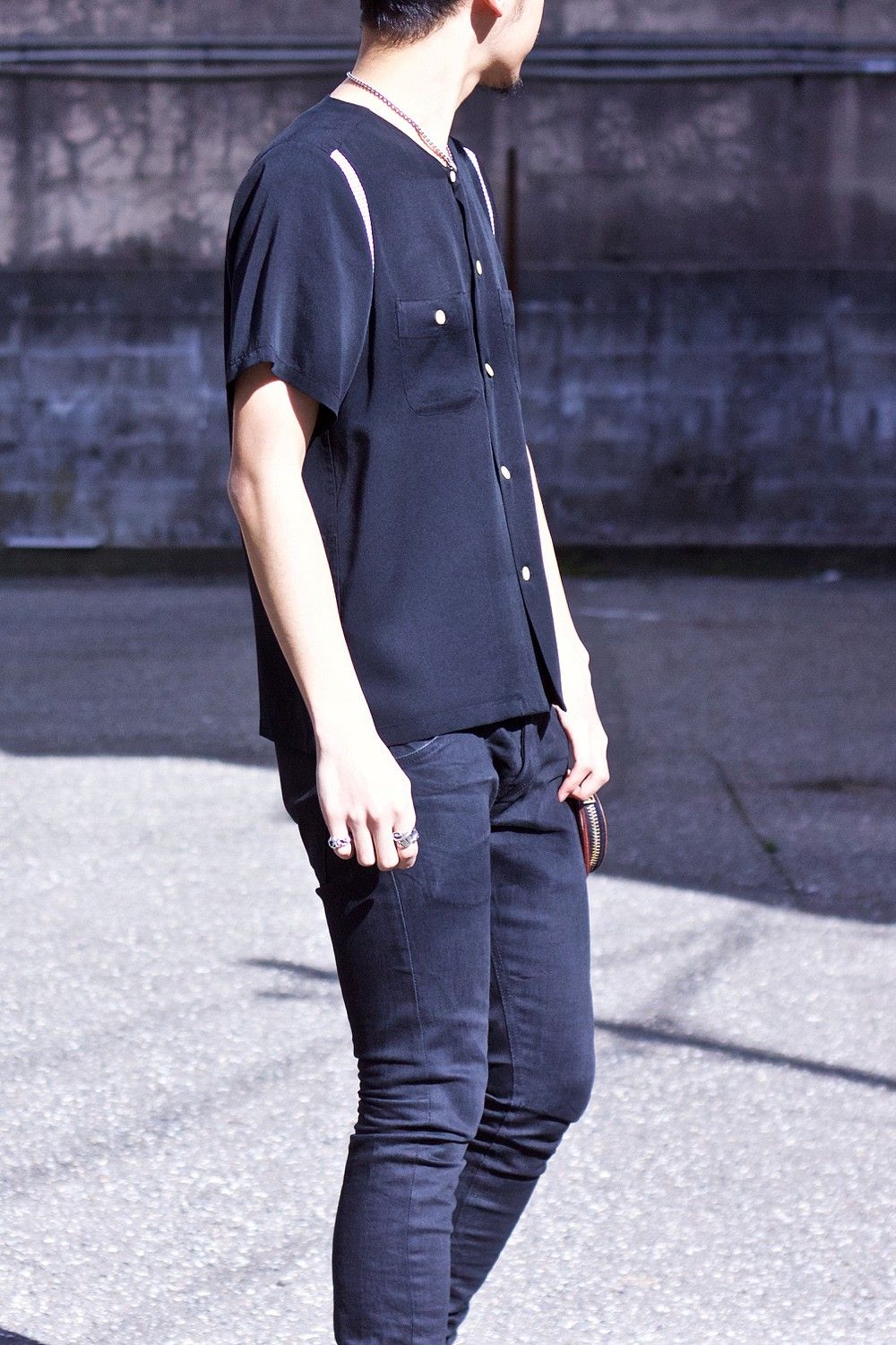 Round collar bowling shirt BLK×WHT