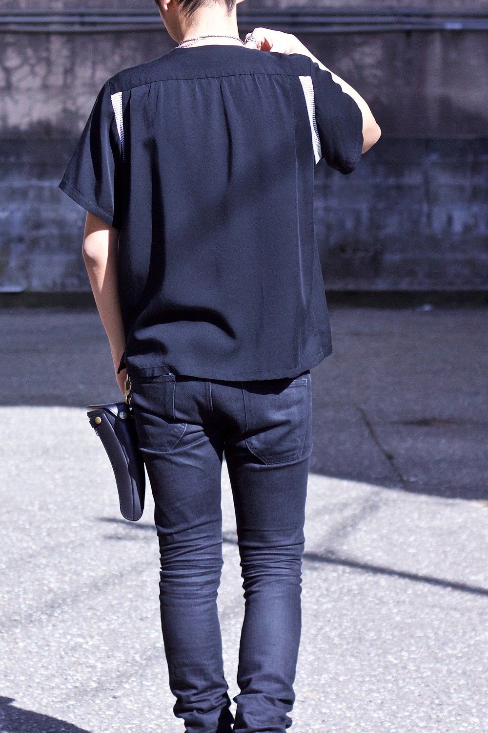 Round collar bowling shirt BLK×WHT