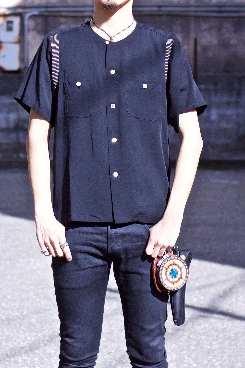 Round collar bowling shirt BLK×BLK