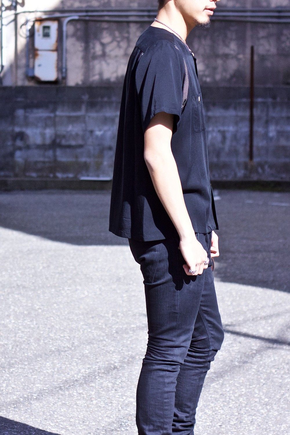 Round collar bowling shirt BLK×BLK