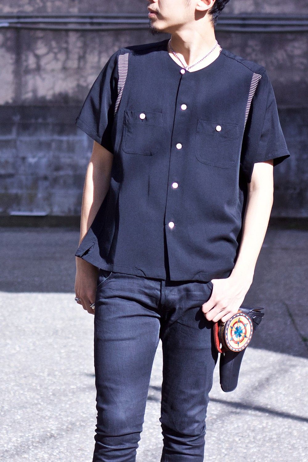 Round collar bowling shirt BLK×BLK