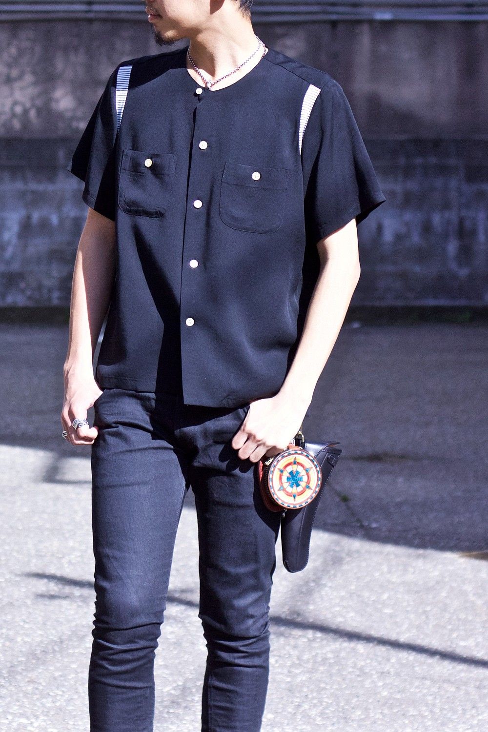 Round collar bowling shirt BLK×WHT