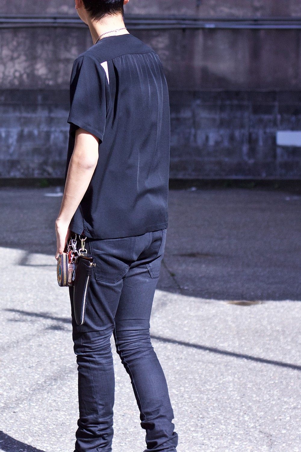 Round collar bowling shirt BLK×WHT