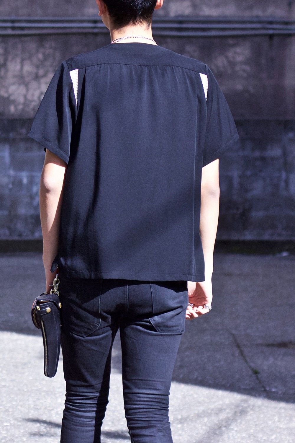 Round collar bowling shirt BLK×WHT