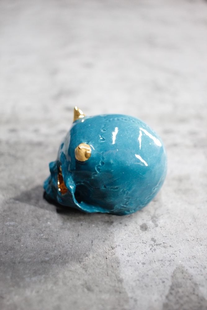 鬼髑髏ぐい呑 青緑×金  (桐箱付)