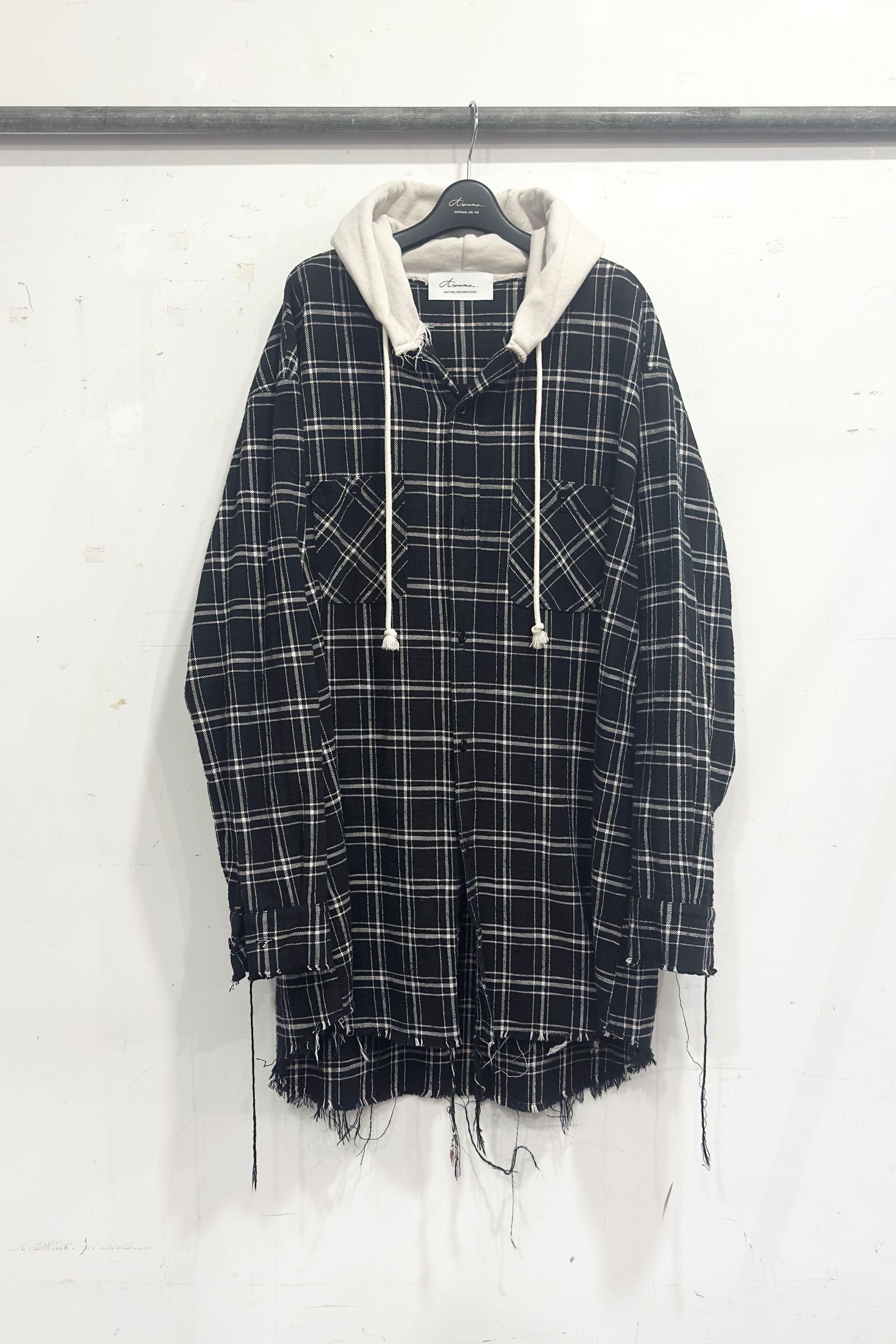 PLAID DOCKING HOOD SHIRT / ロングシャツ (BLACK, ORANGE)