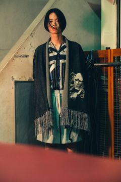 HANNYA/CHAIN SHAWL CARDIGAN (BLACK/RED)