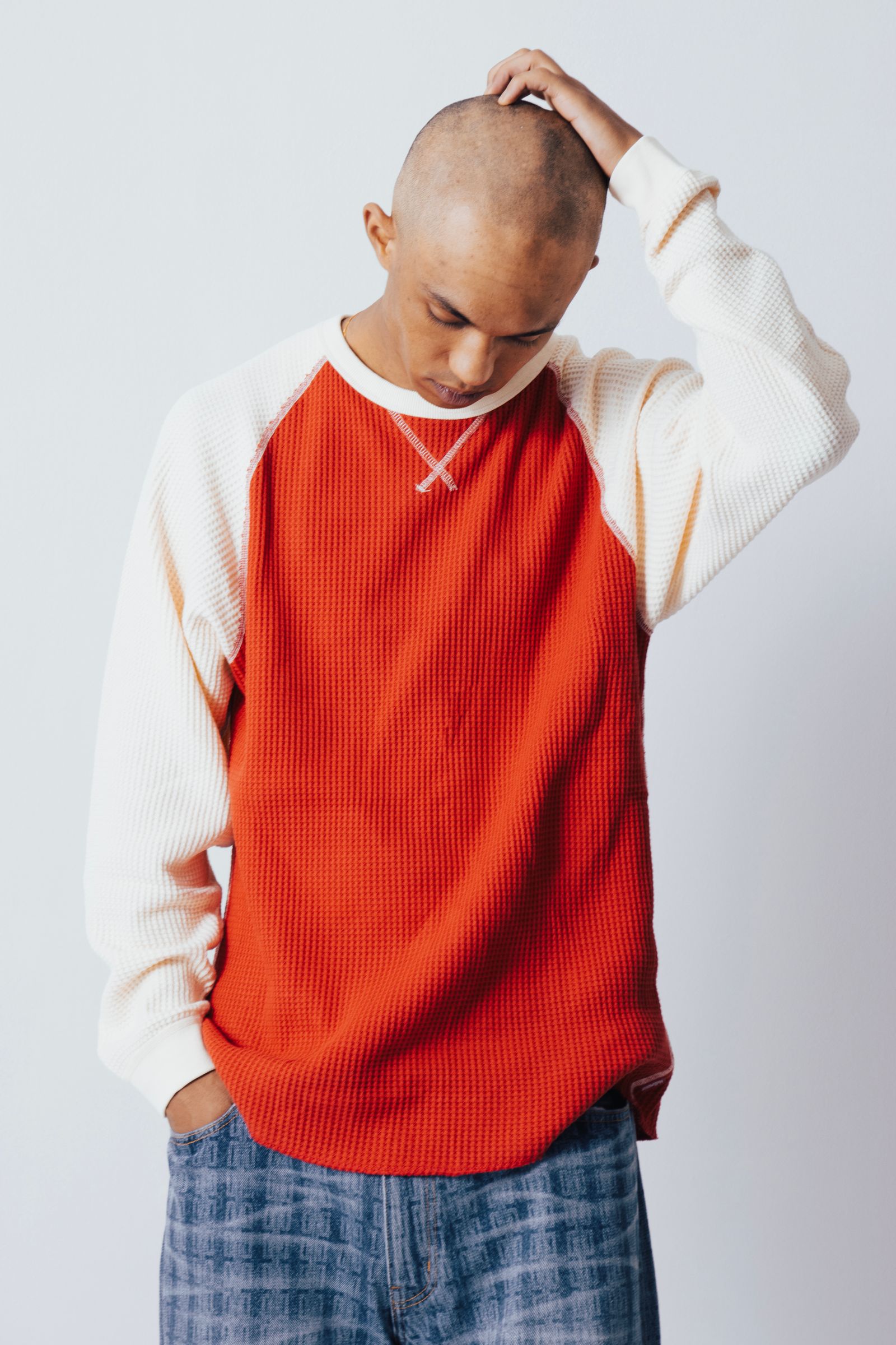 WAFFLE LS SHIRT - ( NATURAL/DEEP RED )