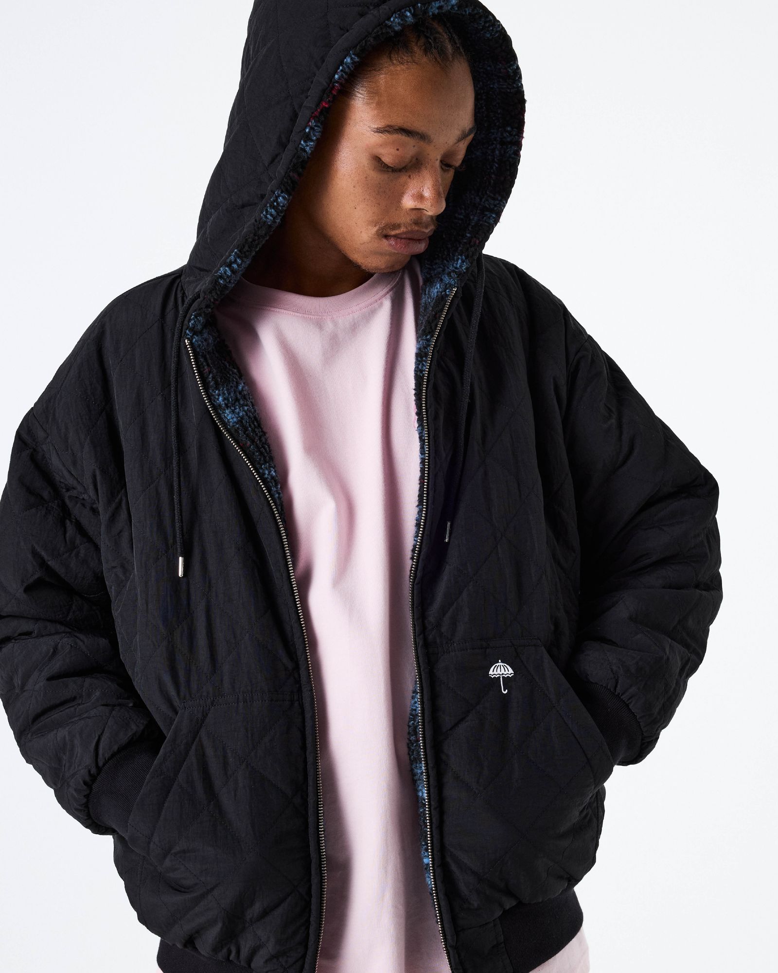 OCARO REVERSIBLE CHECKERED FULL ZIP JACKET NAVY/BLACK / リバーシブルジップジャケット