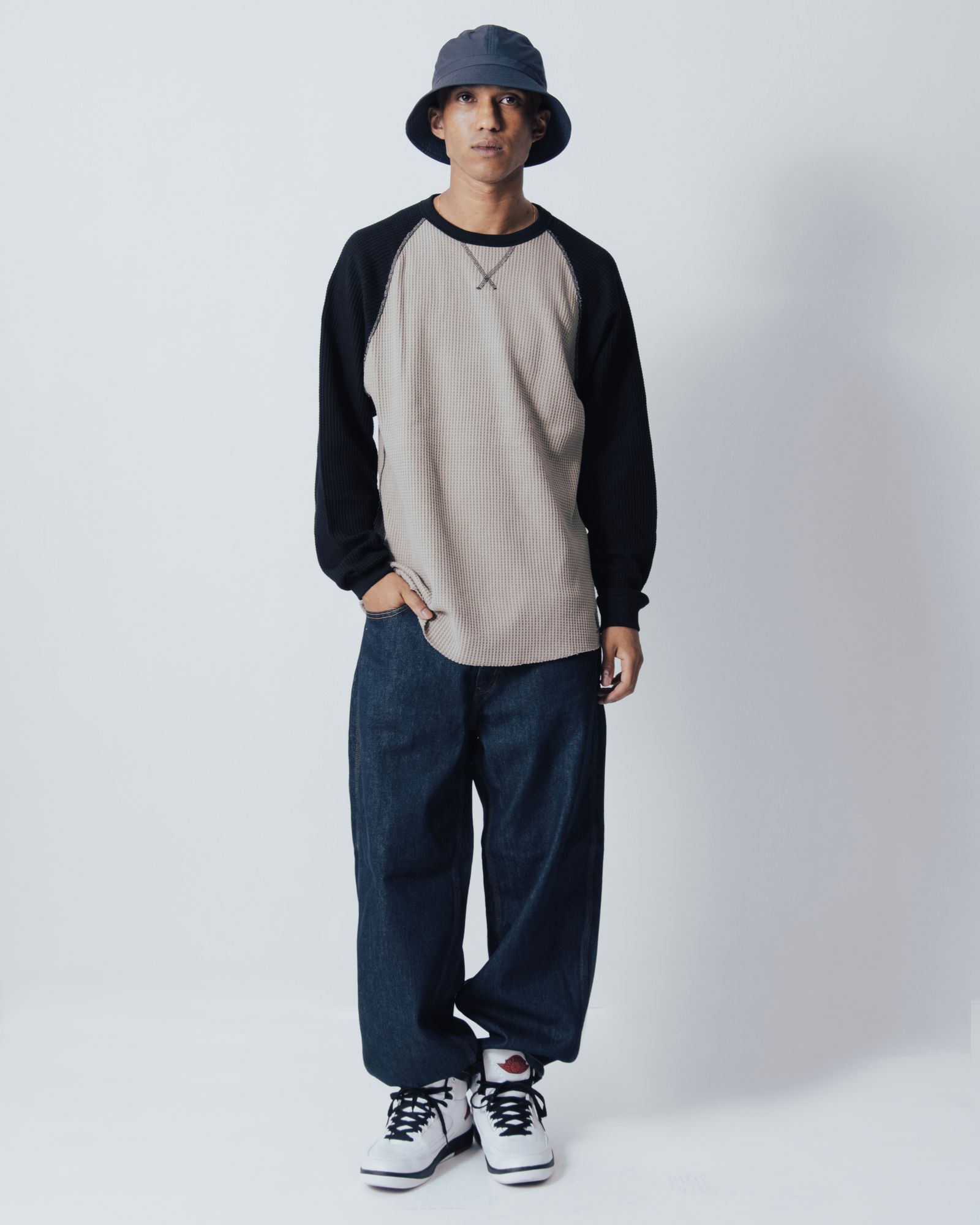 WAFFLE LS SHIRT - ( BLACK/ARMY GREEN )