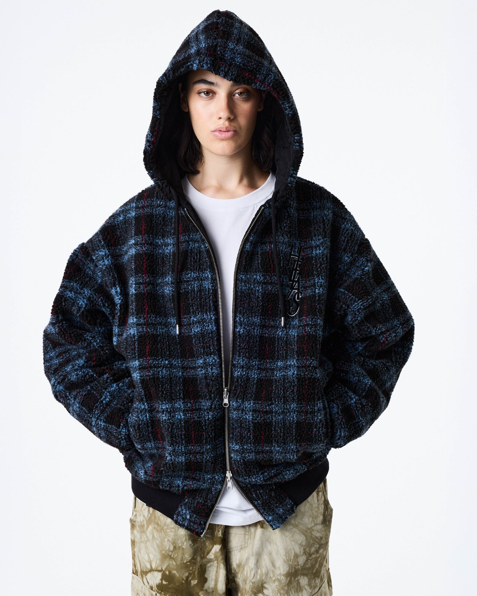 OCARO REVERSIBLE CHECKERED FULL ZIP JACKET NAVY/BLACK / リバーシブルジップジャケット