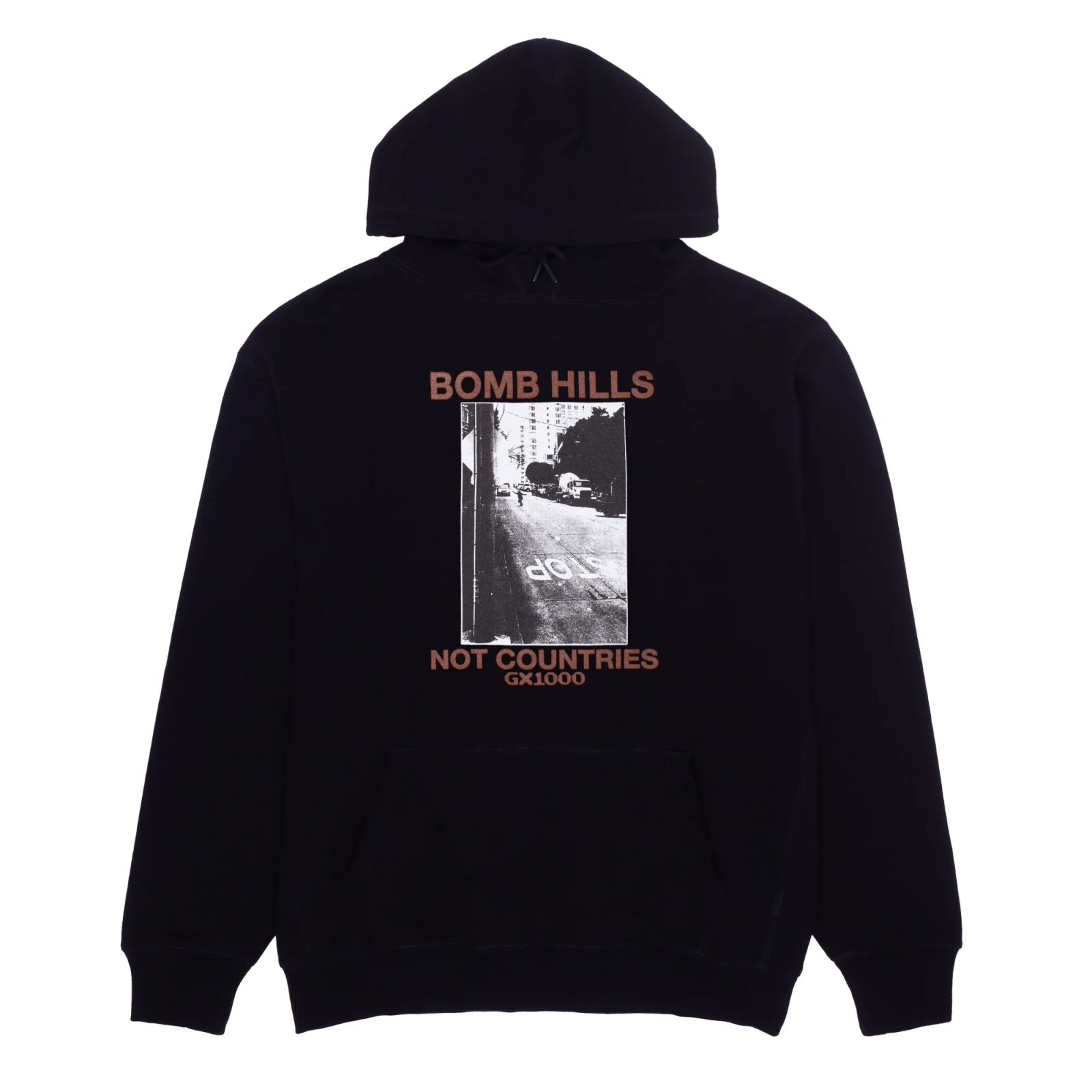 GX1000 BOMB HILLS NOT COUNTRIES HOODIE / BLACK / BROWN FONT (ジーエックスセン フーディ/スウェット)