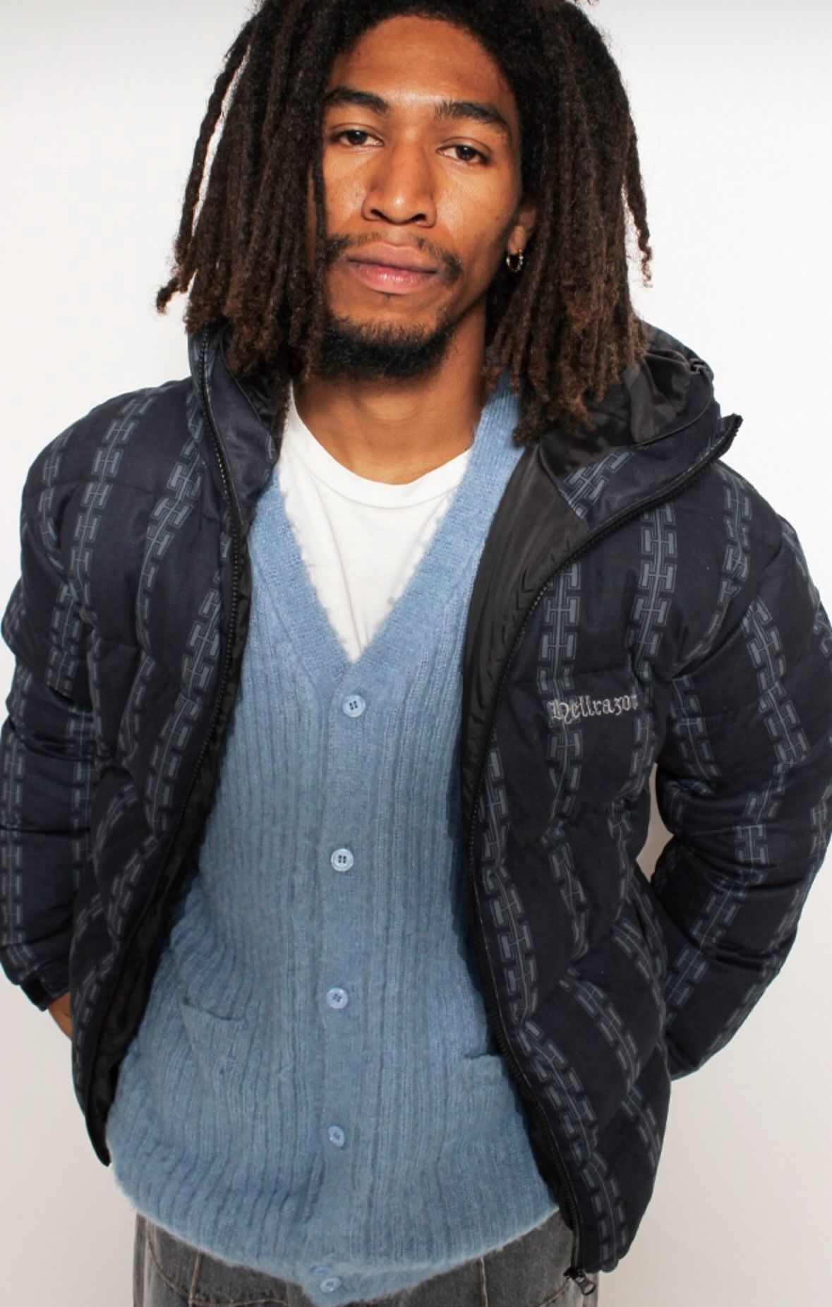 H CHAIN SUEDE HOODED DOWN JACKET - BLACK / ダウン