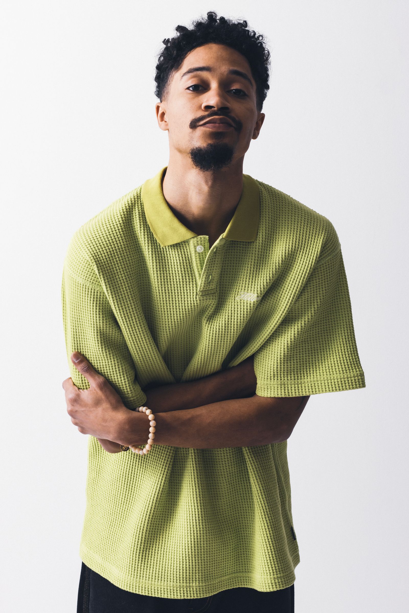 SCRIPT LOGO WAFFLE POLO SHIRT (LIME GREEN) / ポロシャツ