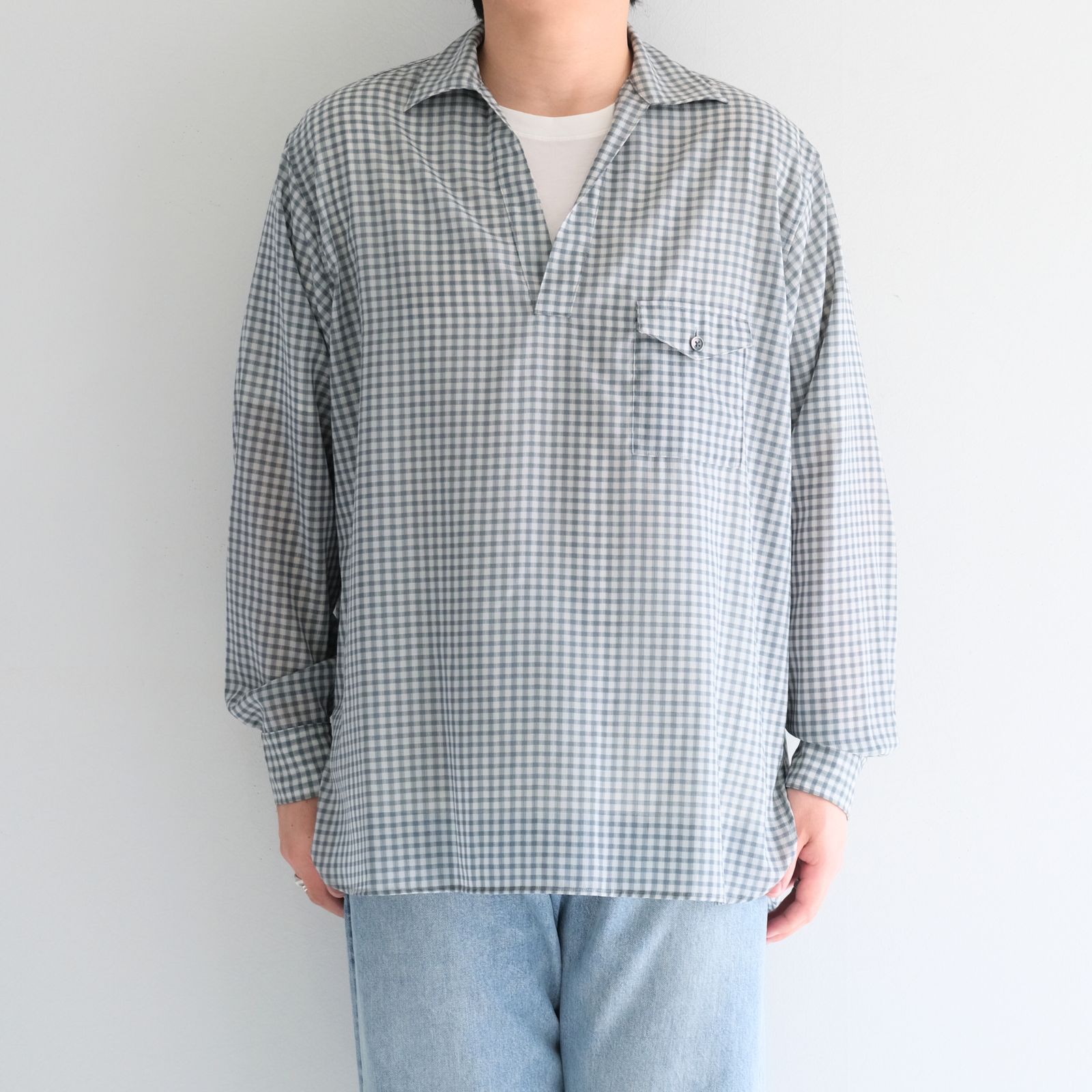 SUPER LIGHT WOOL CHECK SKIPPER SHIRT / スーパー ライト ウール チェック スキッパー シャツ（GREEN GREY）