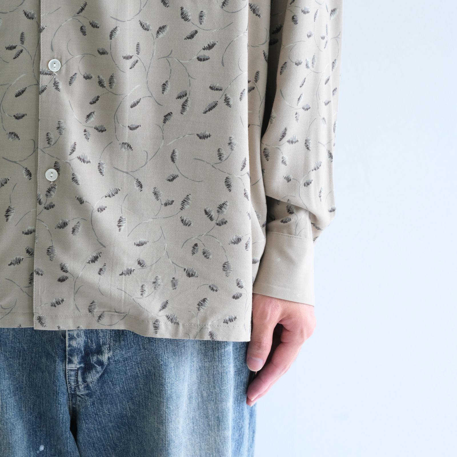 OPEN COLLAR SHIRTS  - Botanical print -（Gray Khaki）