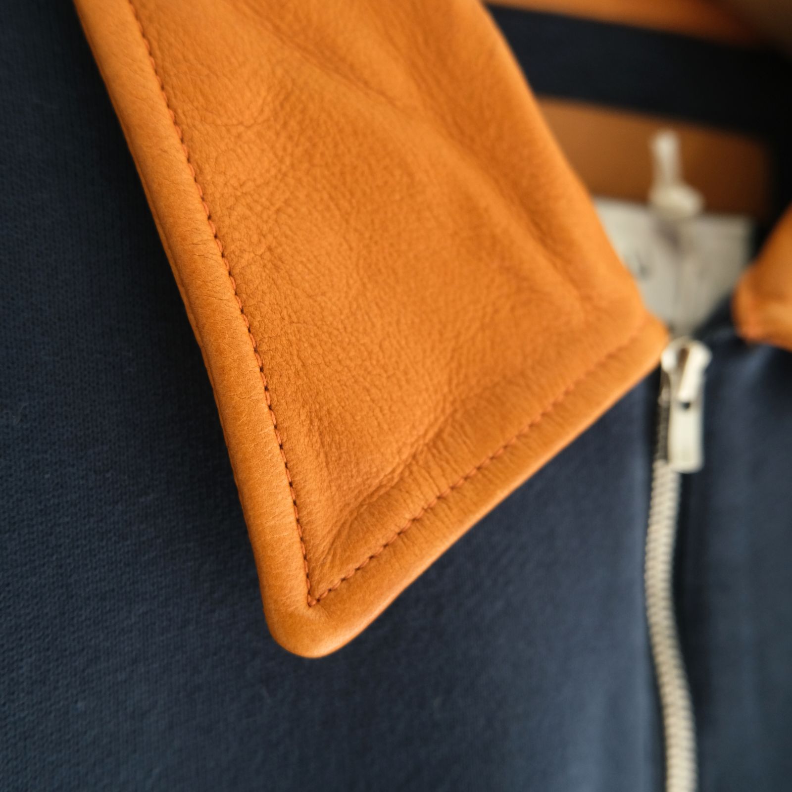 "BROTHERS" Leather × Original Supima Aging Cotton Sweat / ハーフジップ / スウェット / レザー / NAVY