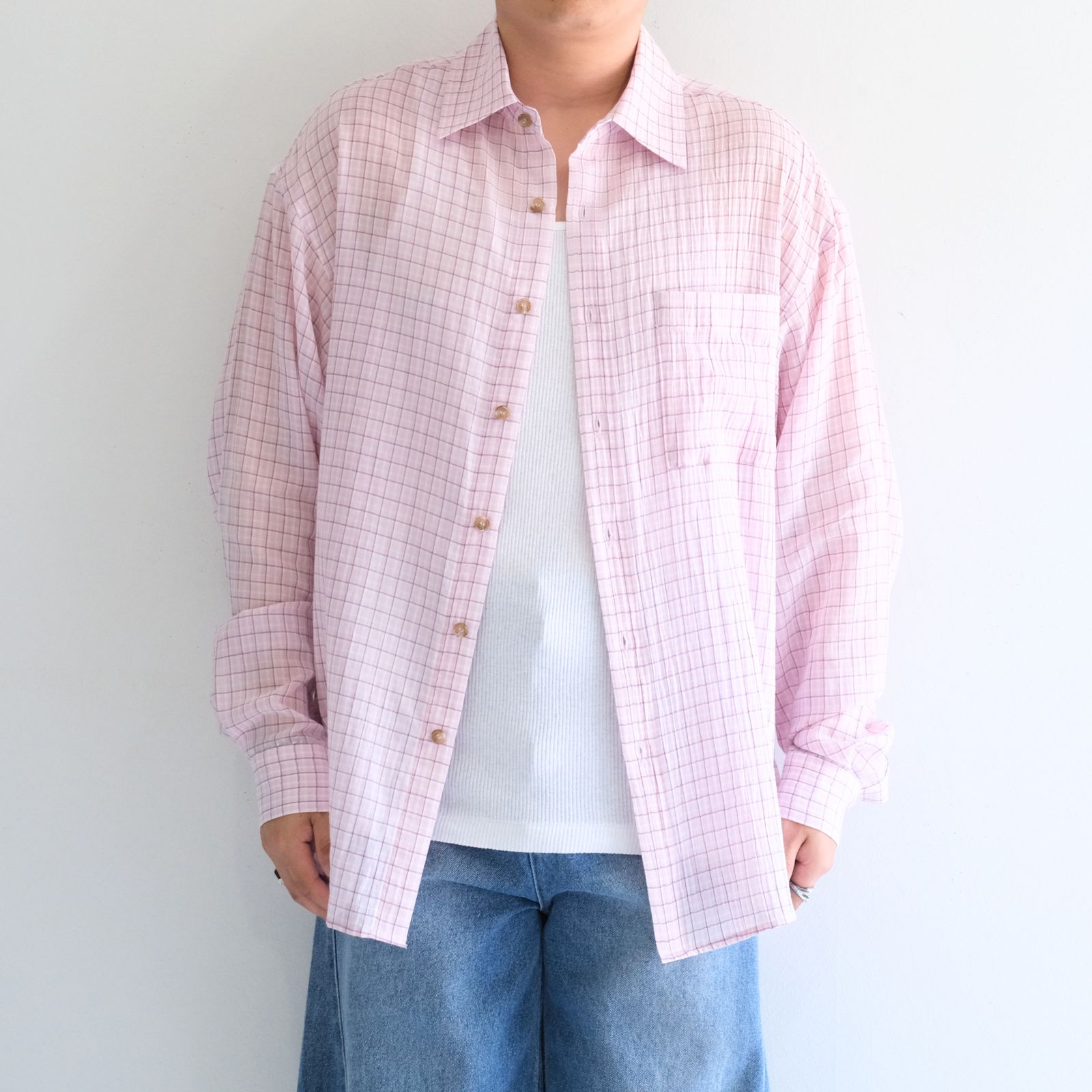 PREMIUM RONACHECK WRINKLE OVER SIZED SHIRTS / プレミアム ロナチェック リンクル オーバーサイズ シャツ（LEMONADE PINK）