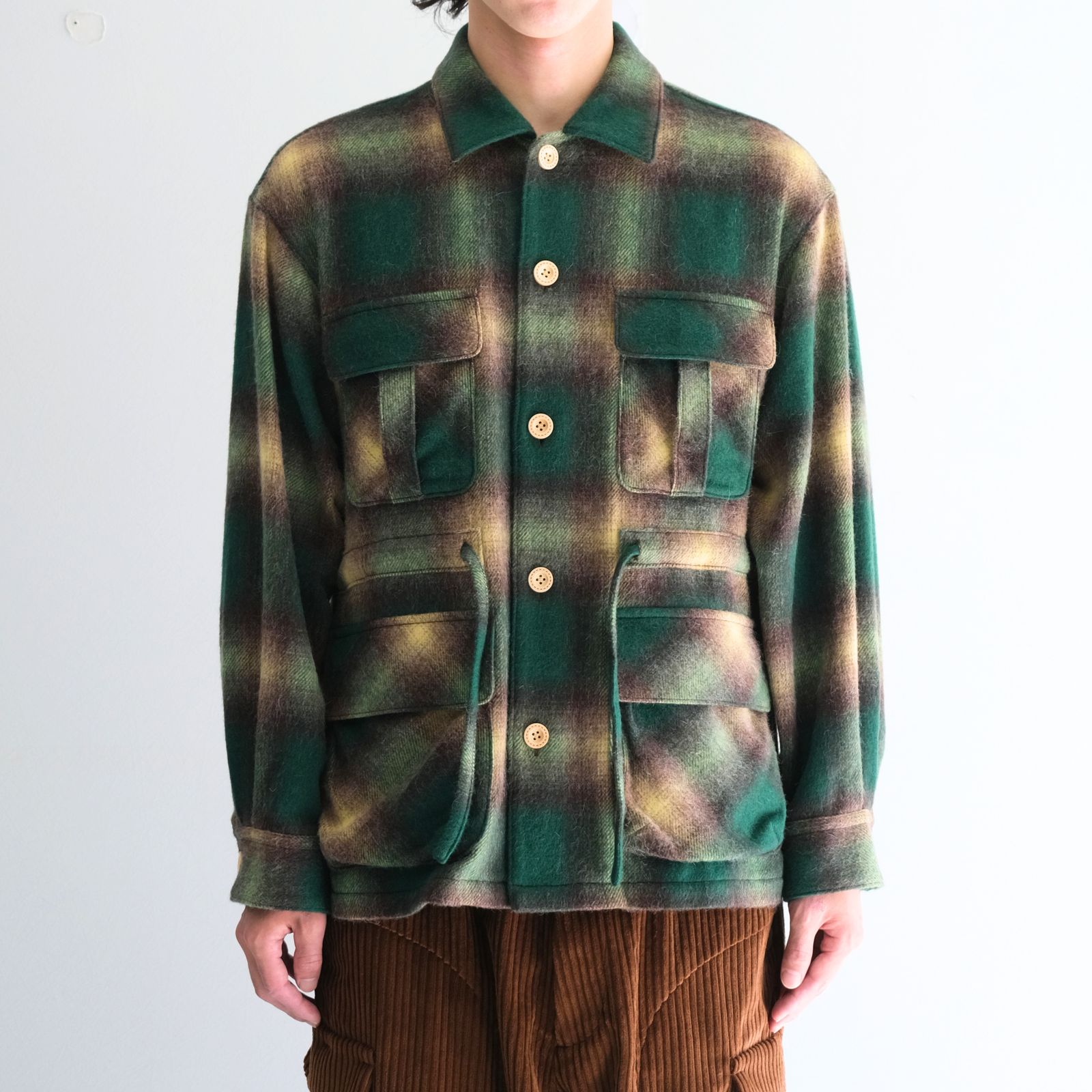 【残り1点】SHAGGY WOOL CHECK SAFARI JACKET（GREEN）