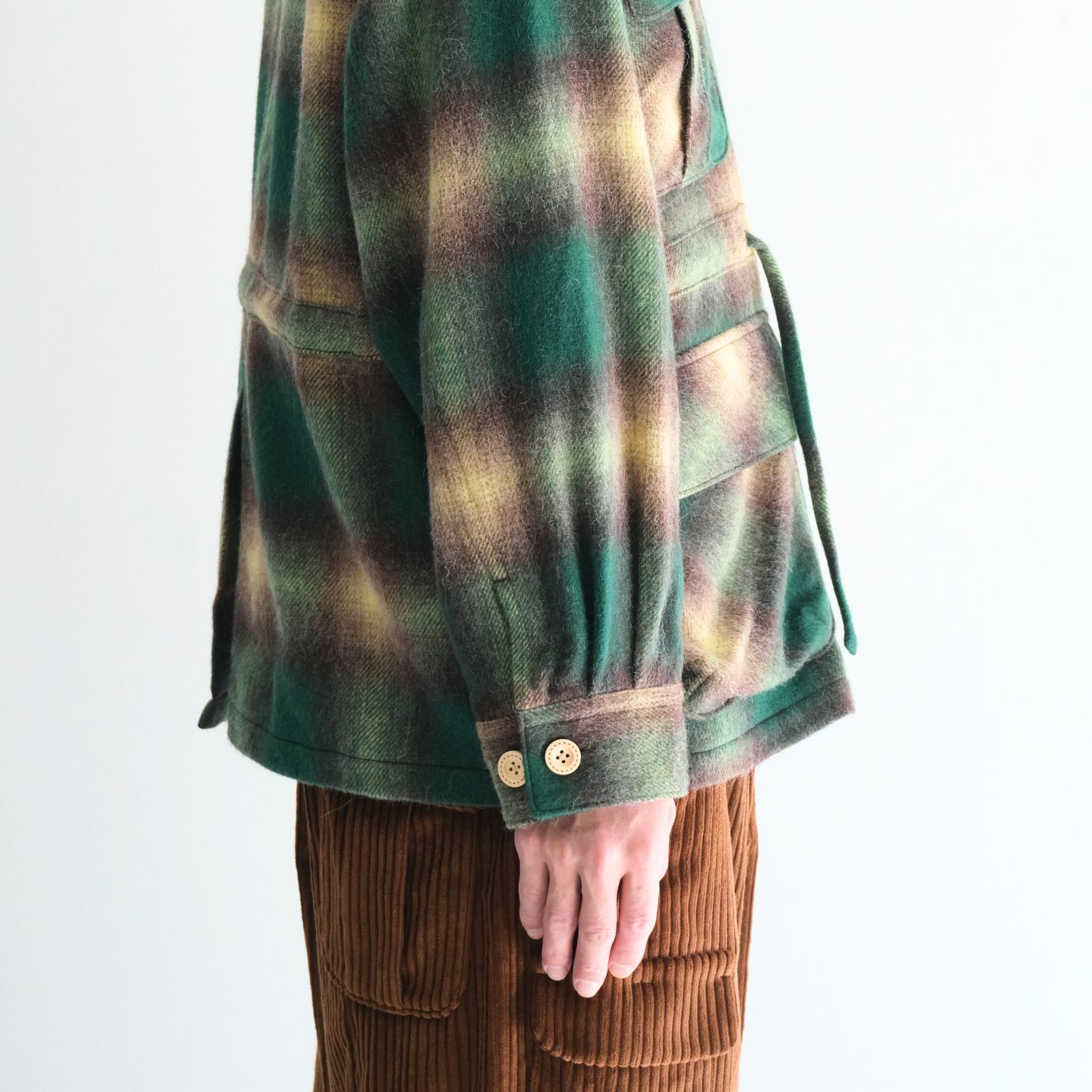 【残り1点】SHAGGY WOOL CHECK SAFARI JACKET（GREEN）
